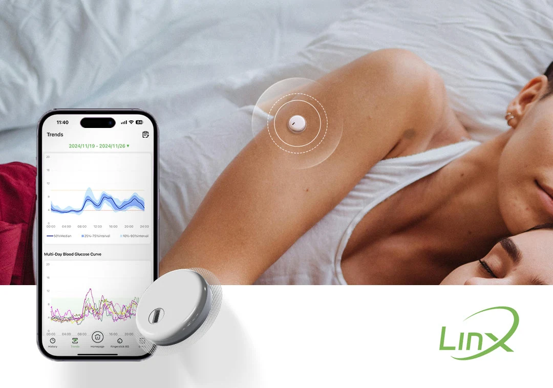LinX sensor worn on an arm beside a continuous glucose graph