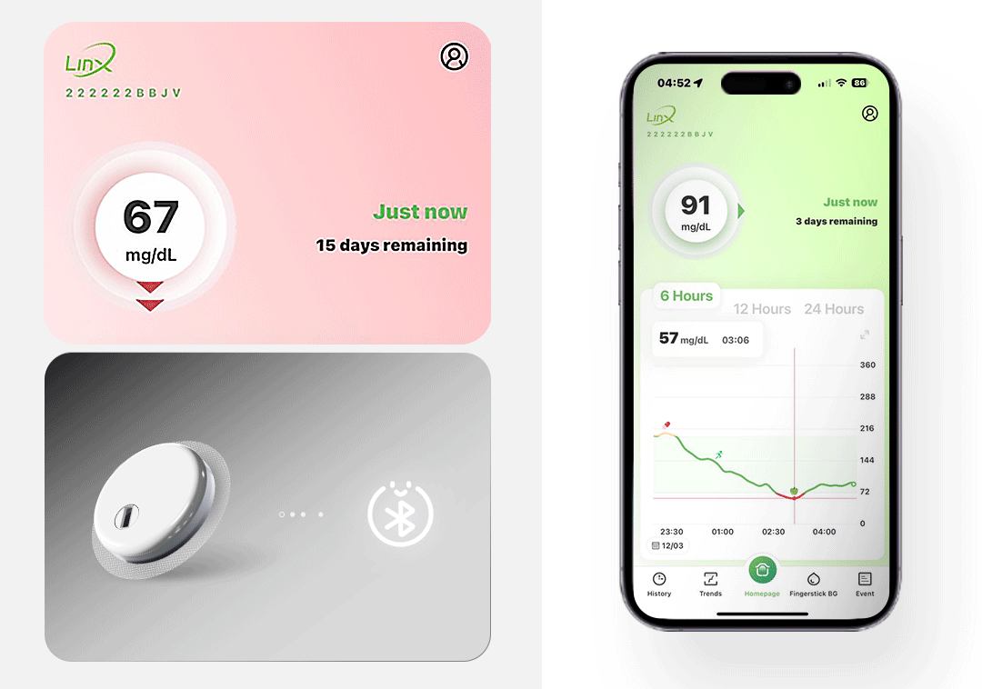 LinX app receiving live glucose readings over Bluetooth